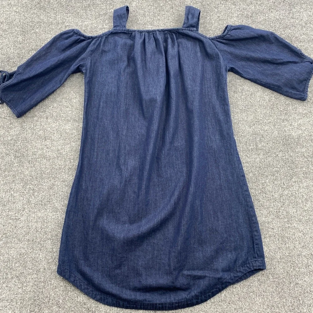 Max Jeans Denim Dress Womens Medium Blue Cold Shoulder Tie Sleeve Boho Casual - Picture 10 of 10